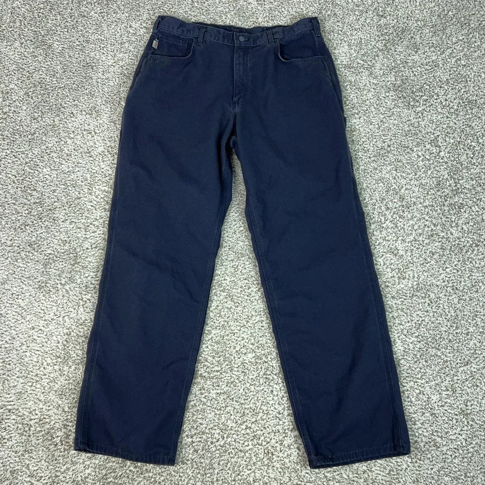 Carhartt Pants Men 38x34 Blue Canvas Carpenter Workwear Flame Resistant FR Cat 2